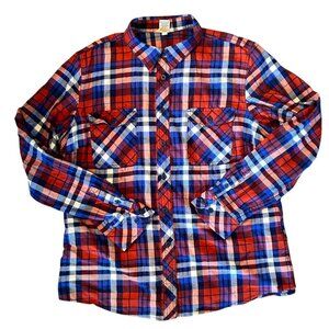 Duluth Trading Orange & Blue Plaid Flannel Button Up XL